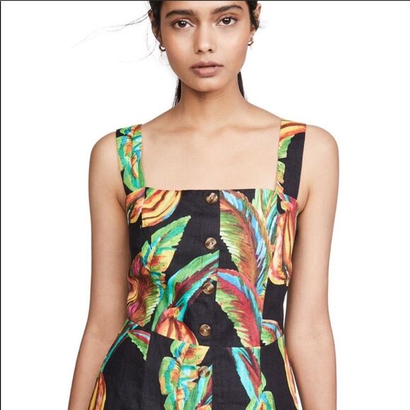NWT FARM Rio Preta Black Bold Tropical Banana Print Square Neck Linen Mini Dress - Picture 4 of 11